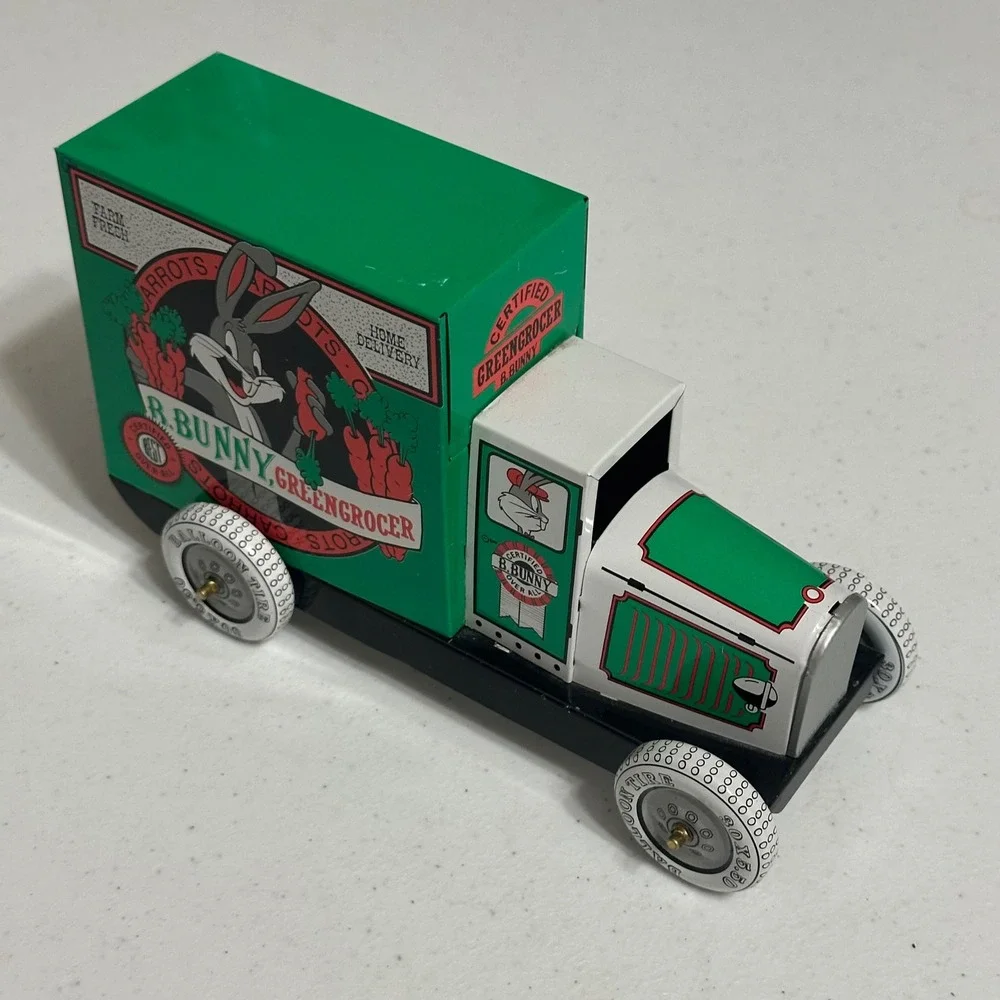 Warner Bros Bugs Bunny Green Grocer Delivery Truck Tin Metal Litho Green Vintage